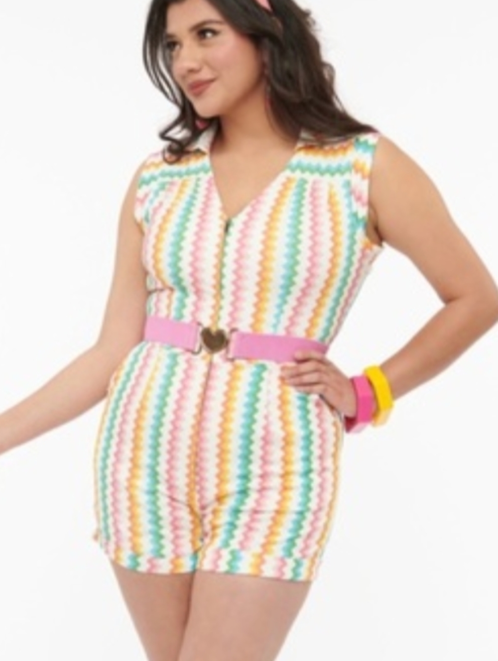 NWT! XS-Smak Parlour Retro Rainbow Chevron V-Neck Romper with Pink Heart Belt 🩷
